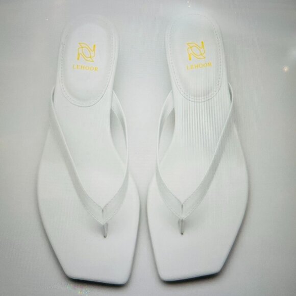 Lehoor WHITE Kitten Heels Flip-Flops Mules Thongs Square Open Toe Sandals, 8.5 - Picture 2 of 10
